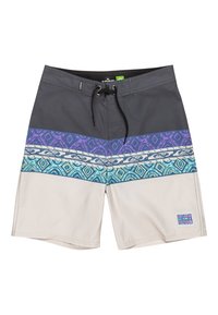 Shorts da surf grigi, crema, viola e verde acqua con motivi geometrici. Presentano una vita con cordino e logo del marchio sulla gamba sinistra.