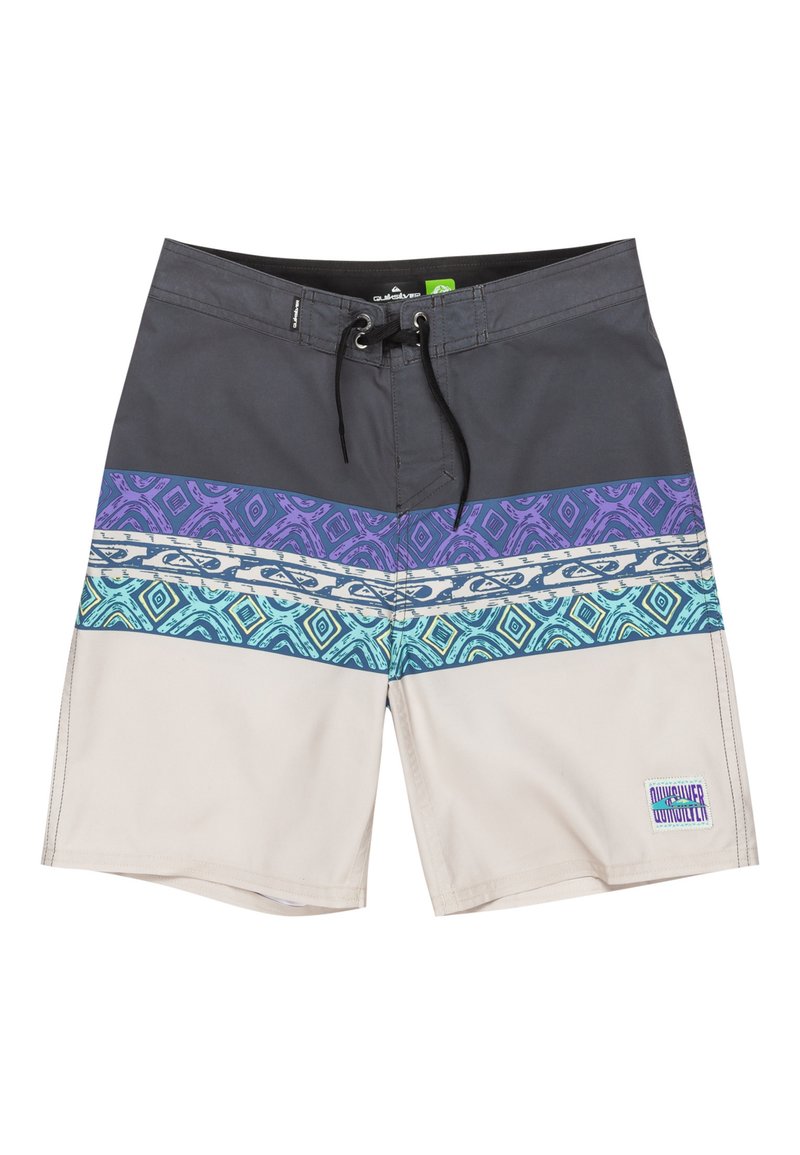 Shorts da surf grigi, crema, viola e verde acqua con motivi geometrici. Presentano una vita con cordino e logo del marchio sulla gamba sinistra.