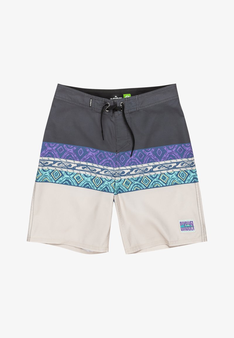 Šortky na vodné športy v sivej, krémovej, fialovej a tyrkysovej farbe s geometrickými vzormi. Obsahujú pás na šnurovanie a logo značky na ľavom stehne.