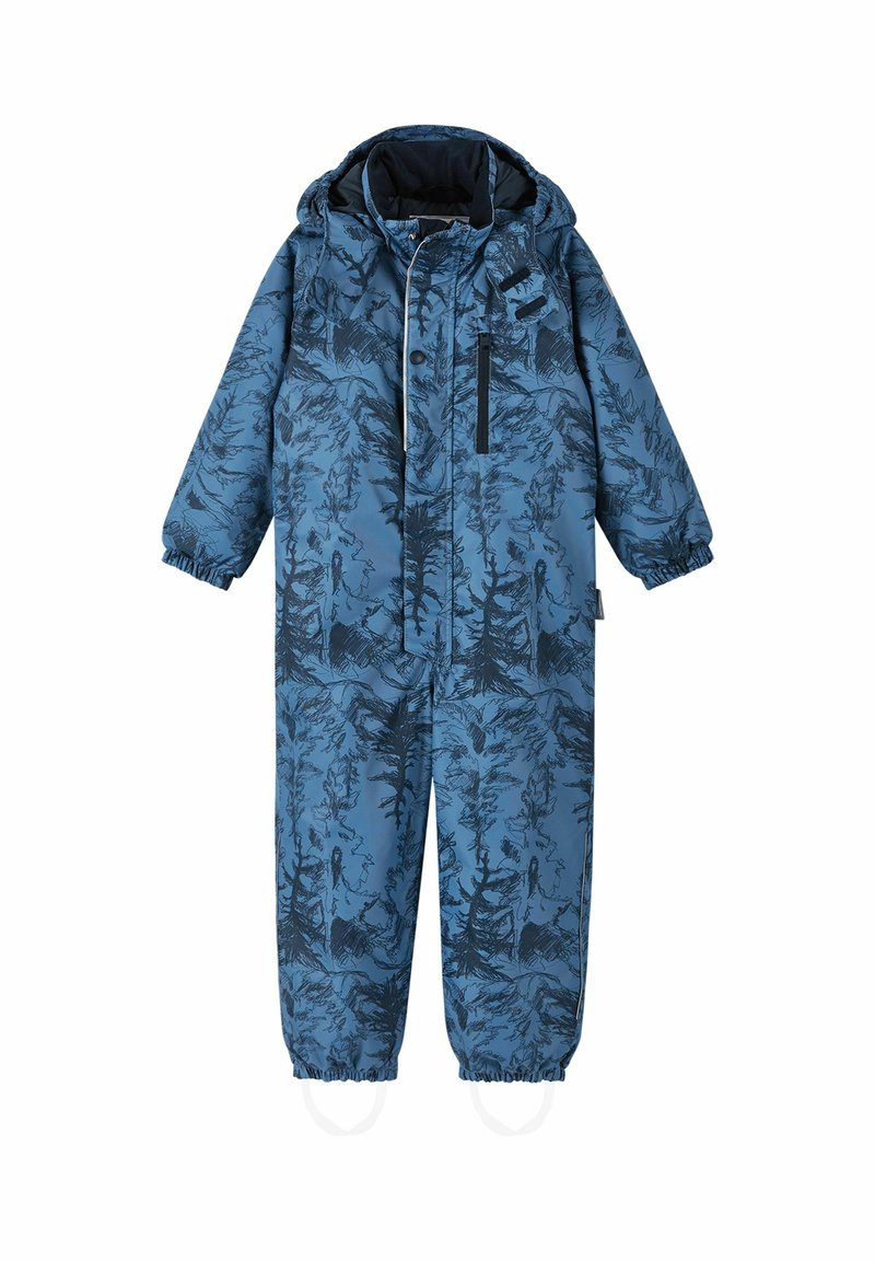Niebieski wodoodporny kombinezon z ciemnym leśnym wzorem. Posiada kaptur, elastyczne mankiety oraz kieszeń zapinaną na zamek.