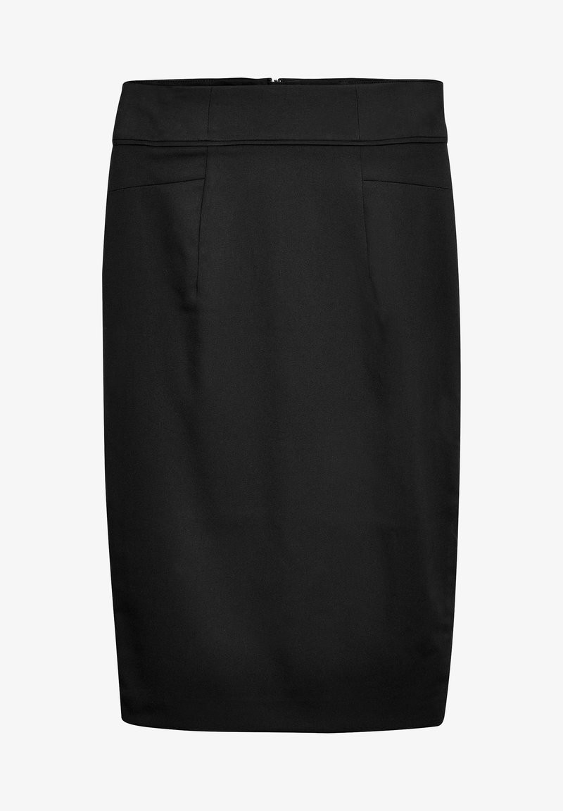 Jupe crayon noire longueur genou avec une ceinture ajustée et une fermeture éclair au dos, réalisée en tissu lisse.