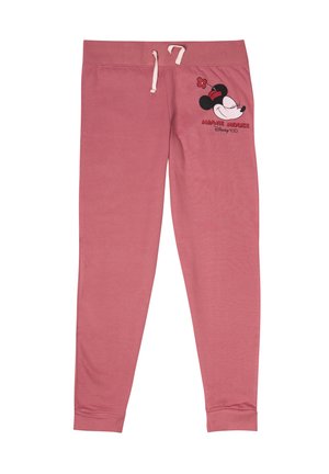 Pantaloni della tuta rosa in cotone, con una vita elastica e un cordino, e una grafica di Minnie Mouse sulla coscia sinistra.