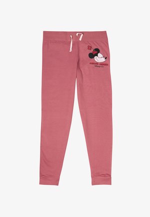 Pantaloni della tuta rosa in cotone, con una vita elastica e un cordino, e una grafica di Minnie Mouse sulla coscia sinistra.