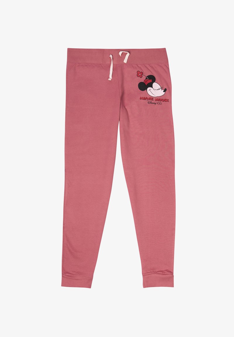 Pantaloni della tuta rosa in cotone, con una vita elastica e un cordino, e una grafica di Minnie Mouse sulla coscia sinistra.