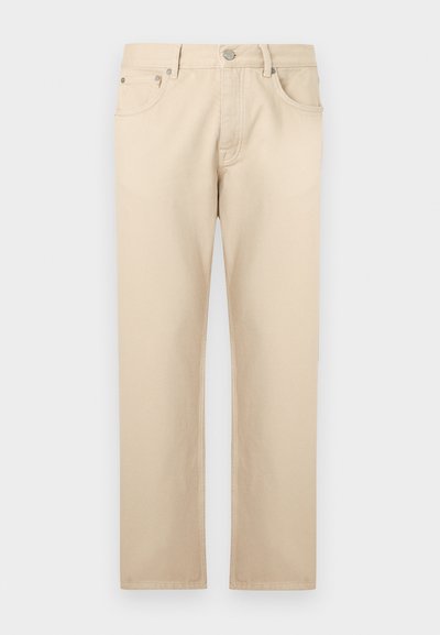 Jean beige à jambes droites avec bouton et fermeture éclair à l'avant, poches avant et arrière, étalé à plat sur un fond clair.