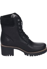 Schwarze Leder-Stiefeletten mit runder Zehenpartie, Schnürung an der Vorderseite und strukturiertem Sohlenboden. Mit einem weichen Fellfutter und einem stabilen Blockabsatz für Unterstützung.
