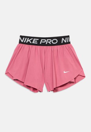 Ροζ αθλητικές σορτς Nike Pro με μαύρη ελαστική ζώνη μέσης που φέρει λευκό κείμενο «NIKE PRO» και μικρό λευκό λογότυπο Nike στη μπότα.