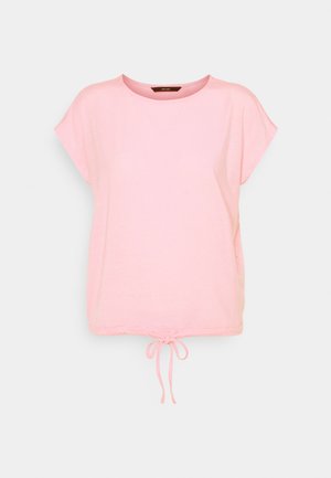 Blouse rose clair à manches courtes avec encolure ronde et lien coulissant réglable à l'ourlet.