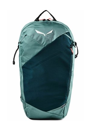 Turkoois en donkergroene rugzak met bovenhandvat, verstelbare zijriemen, voorvak en wit hoekig logo nabij het bovenste midden.