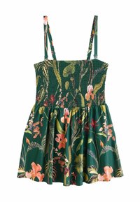 Rochie florala verde cu bust smoccat si bretele ajustabile. Prezinta modele vibrante de portocaliu, roz si frunze tropicale pe material.