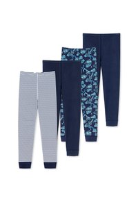 Sæt af fire par børns leggings: stribede navy og hvide, ensfarvet mørk navy, og to med blå byggepladskøretøjsmønstre. Blødt bomuldsstof.