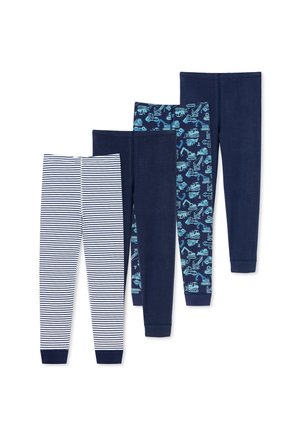 Ensemble de quatre paires de leggings pour enfants : rayés bleu marine et blanc, unis bleu marine foncé, et deux avec des motifs de véhicules de construction bleus. Tissu en coton doux.