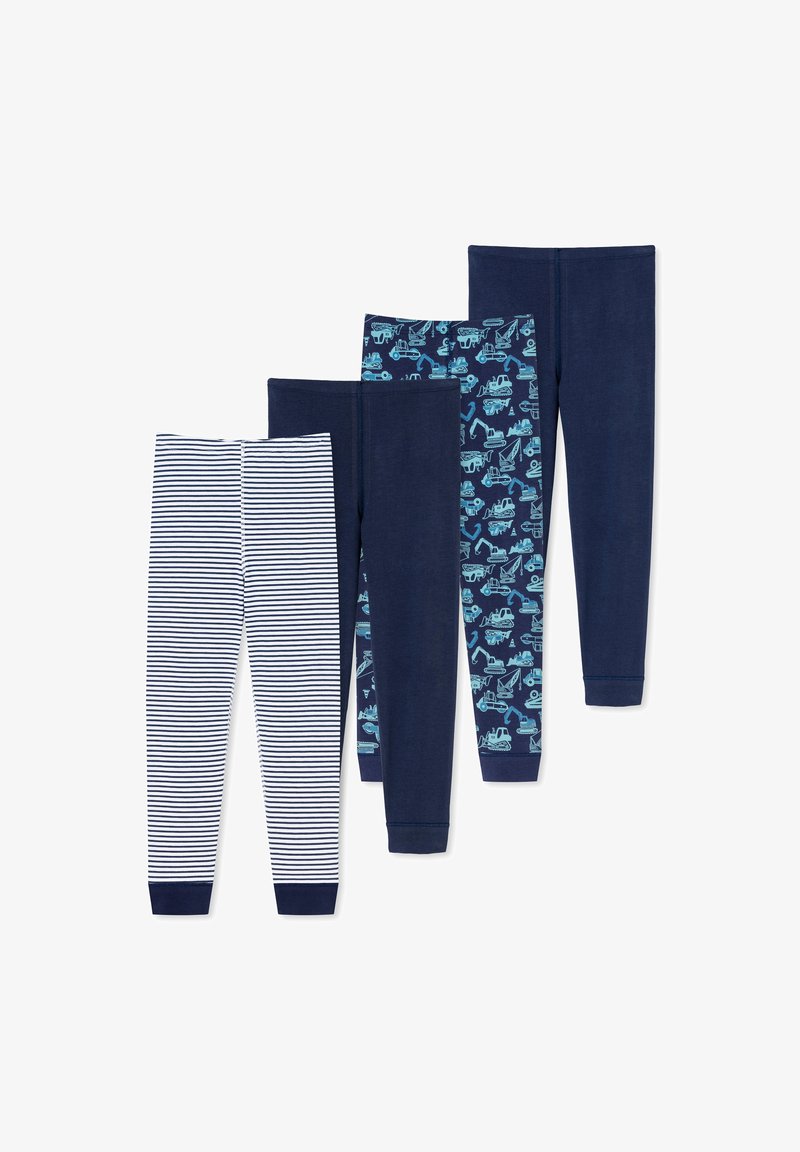 Set van vier paar kinderleggingen: gestreept navy en wit, effen donker navy en twee met blauwe constructievoertuigenpatronen. Zachte katoen stof.