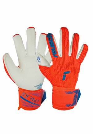 Football goalkeeper gloves with a white latex palm, orange textured backhand, blue accents, and a secure wrist strap.