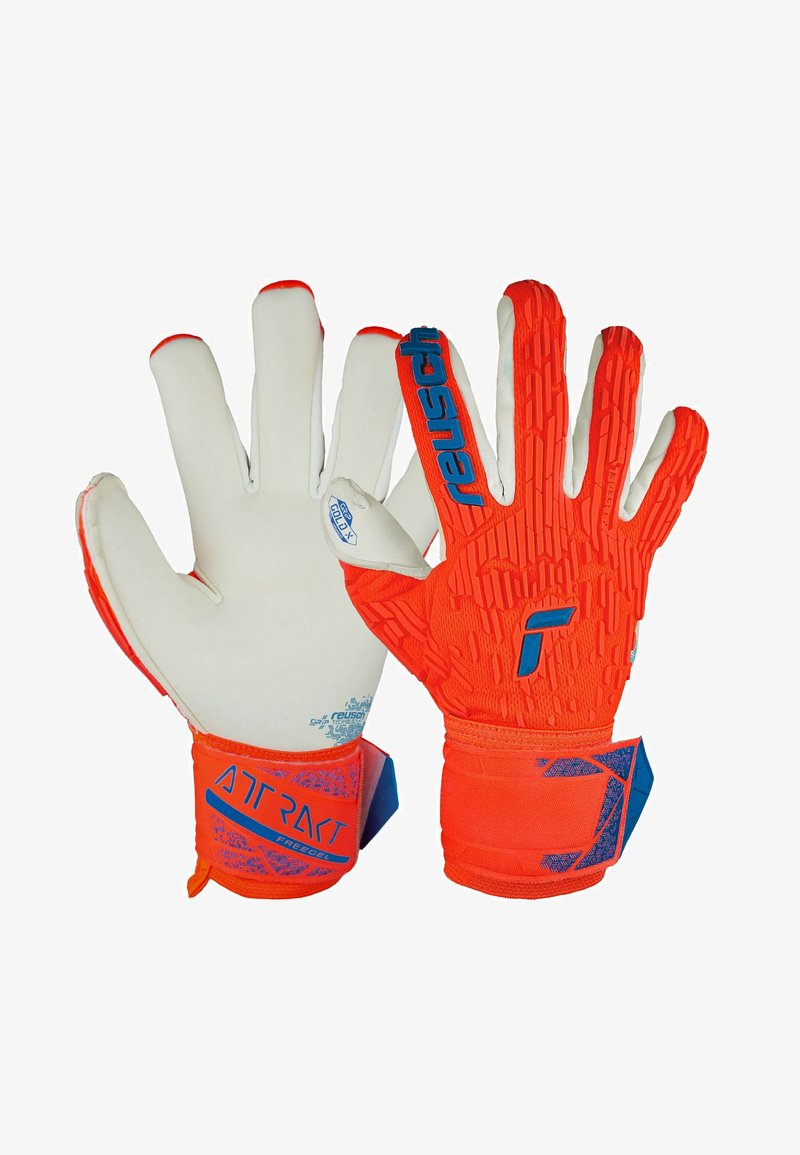 Fußballtorwart-Handschuhe mit einer weißen Latex-Handfläche, orangem strukturiertem Handrücken, blauen Akzenten und einem sicheren Handgelenkband.