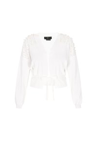 Cardigan bianco con maniche lunghe, scollatura a V, design cropped, caratterizzato da decorazioni testurizzate simili a perle sulle spalle e una vita legata.