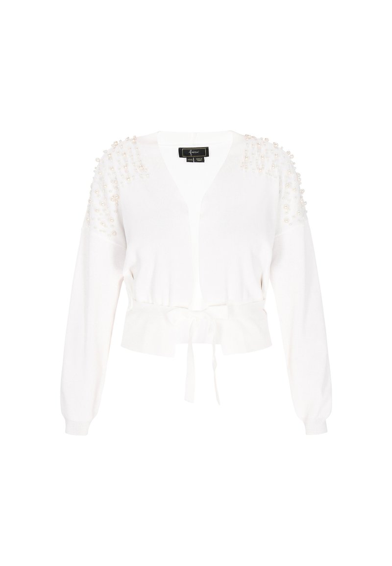 Cardigan bianco con maniche lunghe, scollatura a V, design cropped, caratterizzato da decorazioni testurizzate simili a perle sulle spalle e una vita legata.