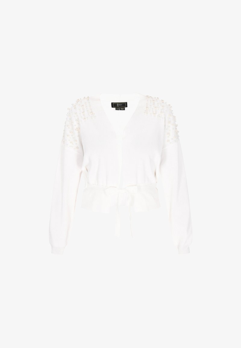 Fehér, hosszú ujjú kardigán, V-nyakkivágással, rövidített kialakítással, gyöngyszerű díszítéssel a vállakon és megkötős derékkal.