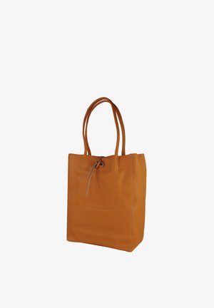 Bruine leren handtas met lange dubbele handvatten en een treksluiting aan de bovenkant.