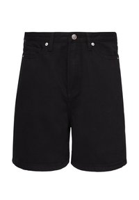 Shorts en denim noir avec un design classique à cinq poches, fermeture à bouton argenté et coutures minimales pour un look épuré.