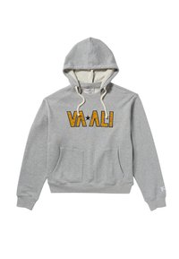 Szara bluza z kapturem z przednią kieszenią, sznurkami i logo "VAALI" w czerni i pomarańczy. Wykonana z miękkiej tkaniny bawełnianej.
