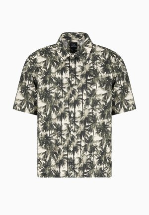 Camicia a maniche corte con bottoni in tessuto leggero. Presenta un motivo di palme verdi e crema. Colletto classico e design con orlo dritto.