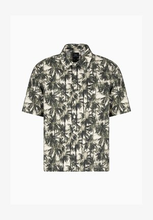 Rövid ujjú gombos ing könnyű anyagból. Zöld és krémszínű pálmafás mintázattal rendelkezik. Klasszikus gallér és egyenes szegélyt design.