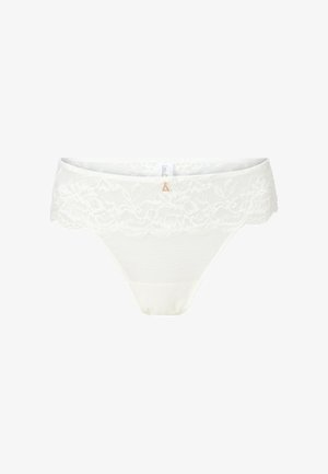 White lace thong with a floral pattern on the waistband, smooth fabric body, and a small gold triangle accent on the front.