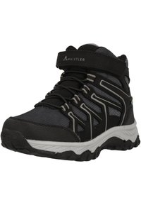 Schwarze Wanderstiefel mit grauen Akzenten, strukturiertem Stoff und einem Klettverschluss. Ausgestattet mit einer stabilen Sohle für Traktion und Unterstützung.