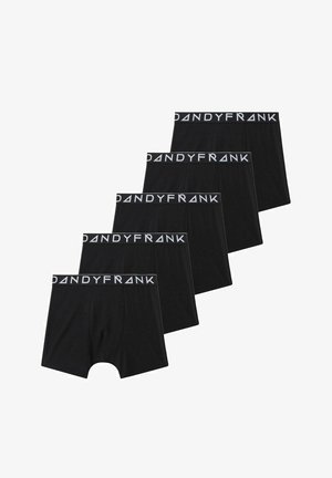 Fünferpack schwarze Boxershorts aus weichem Stoff, mit einem breiten elastischen Bund, auf dem "DANDYFRANK" in Weiß bedruckt ist.