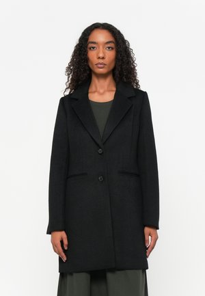 Svart ullkåpe med en skreddersydd design, med notched lapels, to frontknapper og sidelommer. Jevn tekstur, mid-lang silhuett.