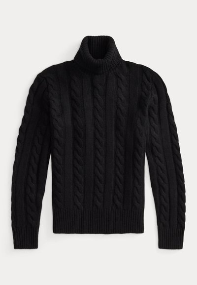 Pull noir à col roulé en maille torsadée avec manches longues et poignets et ourlet côtelés, posé à plat sur fond blanc.