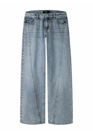 Lyseblå jeans med vide ben, for- og baglommer, knap- og lynlåslukning samt diskrete syninger på benene.