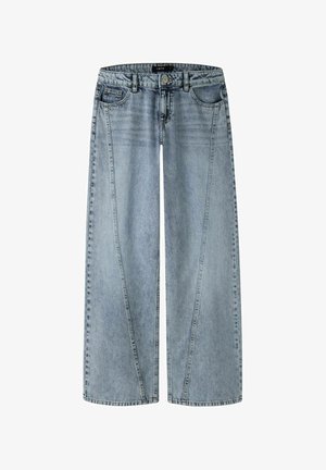 Lyseblå jeans med vide ben, for- og baglommer, knap- og lynlåslukning samt diskrete syninger på benene.