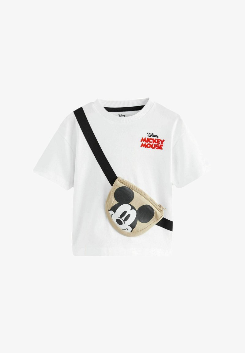 Weißes kurzärmeliges T-Shirt mit rotem "Mickey Mouse"-Text und angenähter beiger Bauchtasche mit Mickey-Mouse-Gesicht und schwarzem Riemen.