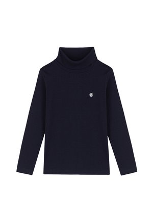 Camiseta de manga larga con cuello alto en azul marino con un pequeño logotipo blanco de velero en el lado izquierdo del pecho.