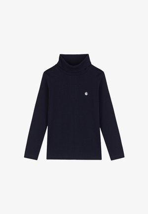 Marineblauw turtleneck shirt met lange mouwen en een klein wit zeilbootlogo op de linkerborst.