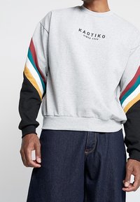 Harmaa collegepaita mustilla hihoilla, jossa moniväriset raidalliset korostukset petroolin, punaisen ja keltaisen sävyissä. Rintakehällä painettu "KAOTIKO"-logo.