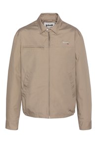 Giacca color beige chiaro con chiusura a zip, due tasche frontali, colletto e un piccolo logo sul petto. Realizzata in tessuto liscio e leggero.