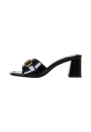 Black patent leather open-toe mule with a gold buckle strap and block heel, shown from the side on a white background.