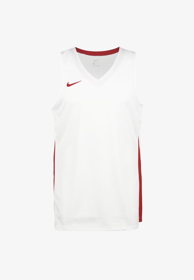 Maglietta da basket bianca senza maniche con colletto a v rosso e inserti laterali rossi. Presenta un piccolo logo Nike rosso sulla parte superiore sinistra del petto.