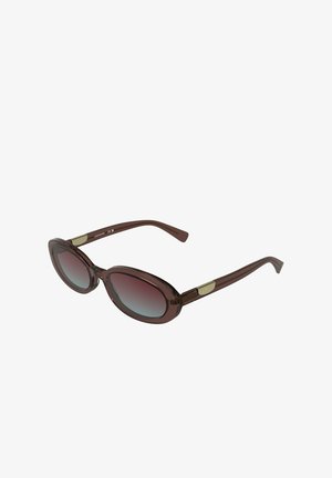 Braune ovale Sonnenbrille mit Verlaufsgläsern. Transparente Rahmen, schlanke Bügel, goldene Metallelemente, glatte Textur.