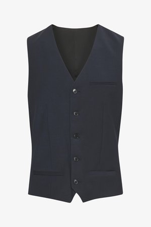 Tummansininen liivitakki, jossa on V-pääntie, kuusi nappia, kaksi etutaskua ja teksturoitu kangas. Suunniteltu istuvaksi siluetiksi.