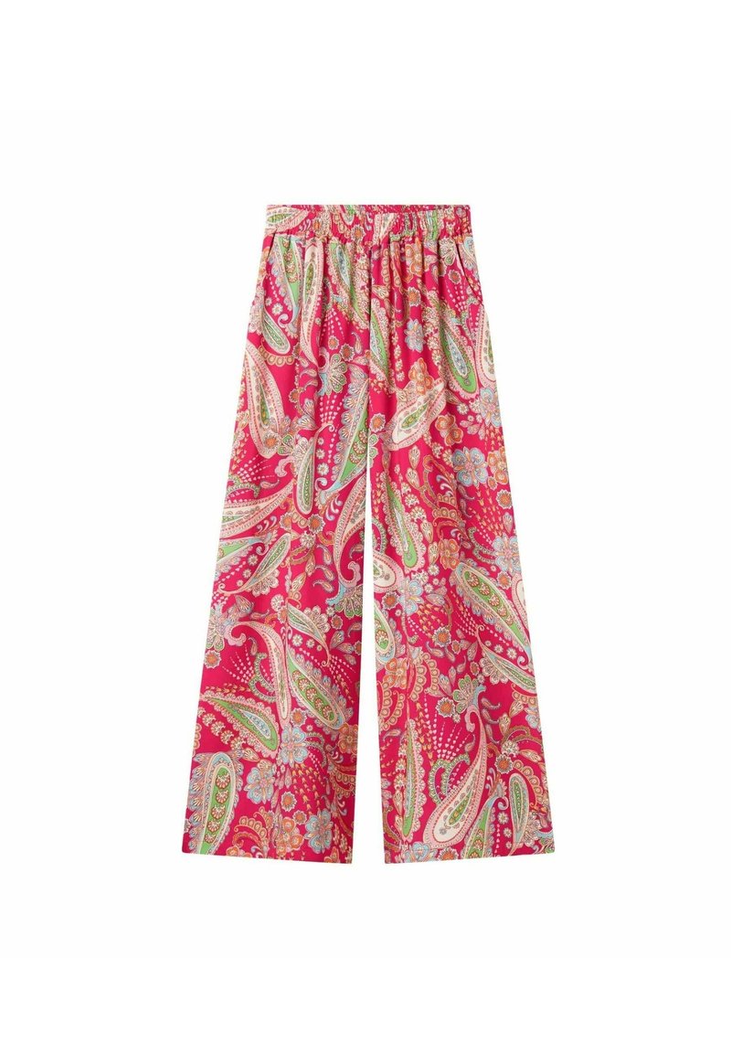 Pantalons à jambe large en tissu rose vif avec un motif paisley agrémenté d'accents verts et bleus. Ceinture élastique pour plus de confort.