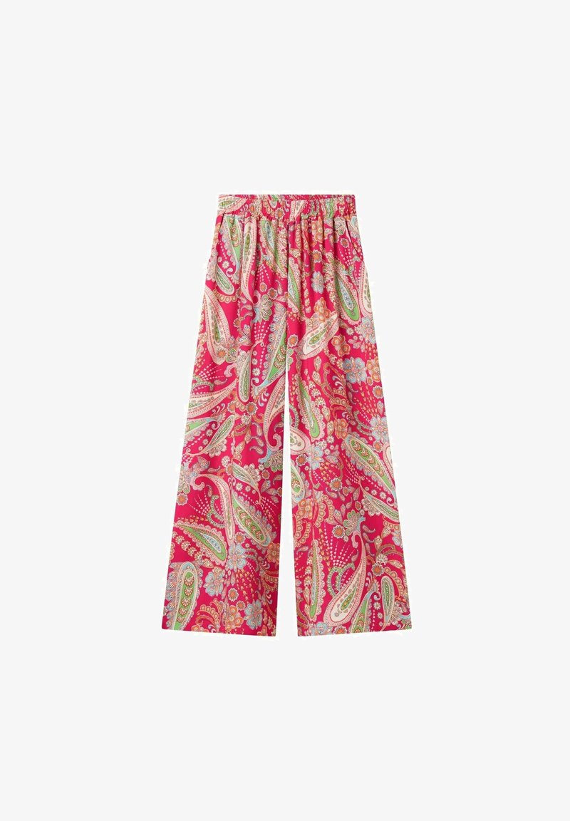 Pantalons à jambe large en tissu rose vif avec un motif paisley agrémenté d'accents verts et bleus. Ceinture élastique pour plus de confort.