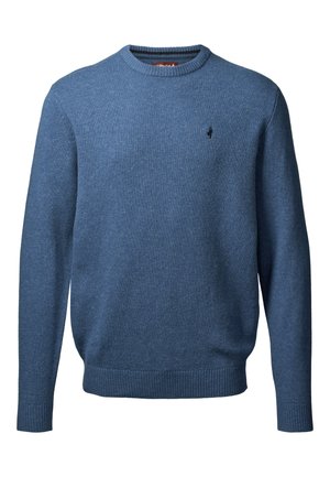 Sweater bleu à col rond avec manches longues et petit logo noir brodé sur la poitrine gauche, poignets et ourlet côtelés.