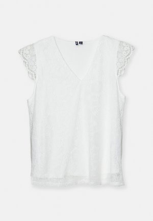 Hvid ærmeløs top med V-hals, mønstret blonderstof og delikate bølgede blondesleeves. Har en afslappet pasform og glat tekstur.