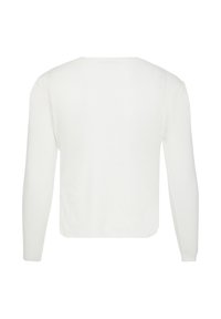 Weißer Pullover mit langen Ärmeln, gerippter Textur und rundem Ausschnitt, mit geradem Schnitt und minimalistischem Design.