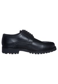 Chaussures en cuir noir avec un bout arrondi, un laçage, des accents cousus et une semelle en caoutchouc robuste pour une meilleure traction.