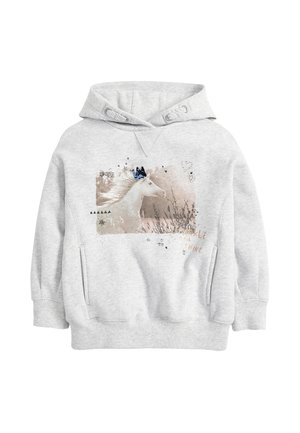 Sweat à capuche pour enfant gris clair avec un graphique de cheval portant une couronne bleue, accompagné d'étoiles décoratives, de cœurs et de texte sur le devant.